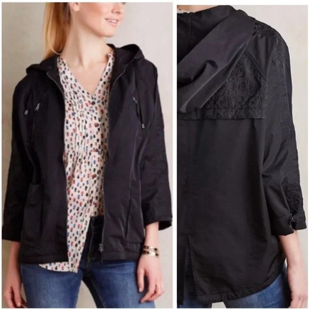 Hei Hei Anthropologie Jacket XS Small Black Uptown Embroidered Zip Up Hooded